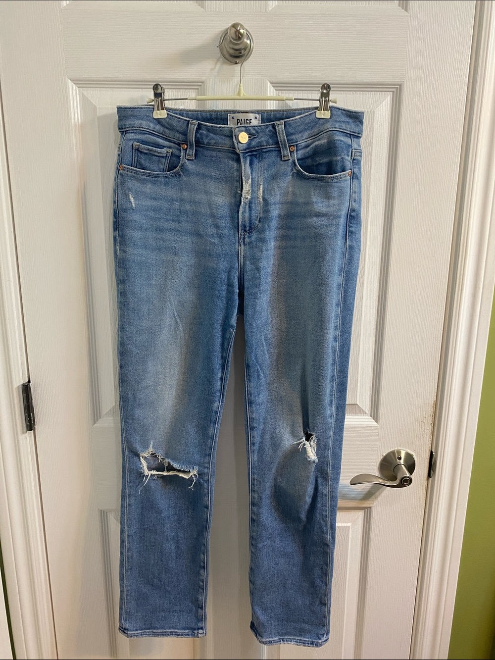 PAIGE Cindy Straight Leg Jeans Stretch Denim Speak Easy Destructed Blue Size 29